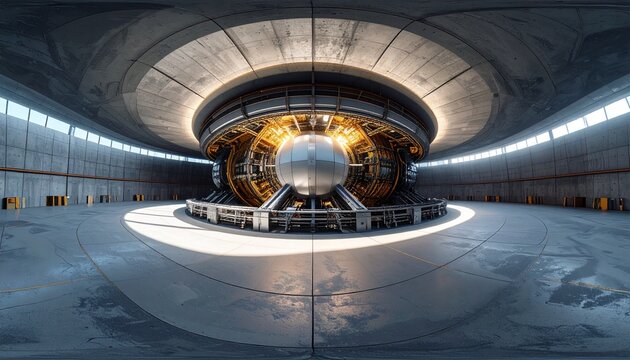 vista ultra panoramica di una stanza molto ampia, con al centro un reattore nucleare futuristico di fantasia