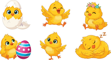 Cute Easter chick cartoon character set with baby chicken hatching egg sleeping and playful poses vector illustration © Sufea