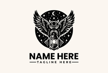 Naklejka premium A black and white illustration of an owl with wings spread, holding a lantern, set against a starry night sky with a crescent moon, surrounded by a circular logo with placeholder text on a