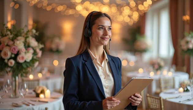 Woman event planner with headset, clipboard manages reception hall setup. Oversees decor details, table arrangements, ensuring smooth event flow. Focused professional checks logistics for guest