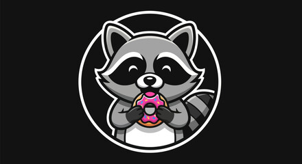 Fototapeta premium Cartoon raccoon eating donut graphic