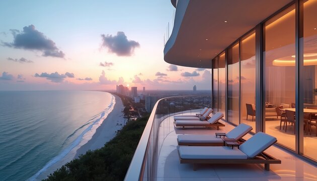 Luxury condo balcony overlooks oceanfront city skyline at sunset. Modern highrise apartment with lounge chairs offers serene beach, sea views. Coastal living perfect for relaxation, upscale lifestyle.