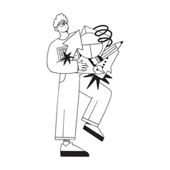 Creative designer holding abstract elements, minimal line art illustration. Vector illustration.