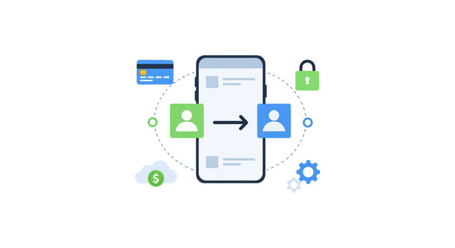 Secure Mobile Money Transfer and Digital Payment Processing via Smartphone. P2P Finance Transaction Icon Set.