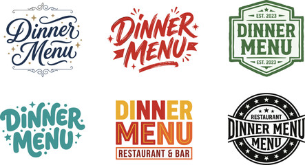 Obraz premium Dinner Menu logo badge designs illustration, colorful typography variations, restaurant labels, food branding icons, promotional vector artwork