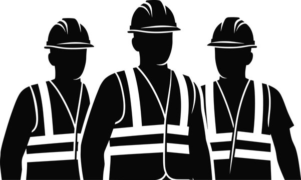 Construction Workers Team Silhouette: Essential Safety Gear, Hard Hats, and Reflective Vests for Industrial Building and Engineering Projects