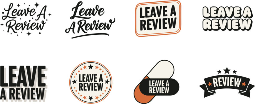 Leave a review text design, customer feedback typography, promotional banner, marketing graphic element, social media template, flat vector illustration