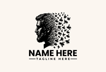 Fototapeta premium Black and white illustration of a man's head with birds flying out, forming a logo design with space for a name and tagline on a plain background.