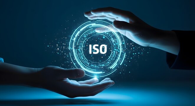 Two hands protecting a futuristic ISO icon. Symbolizes quality assurance, standardization, and corporate compliance in a dark blue digital environment