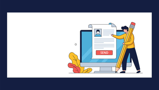 Job applicant with a giant pencil standing next to a resume on a computer screen ready to send their application.