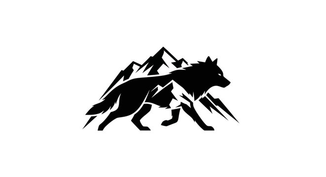 Silhouette of a wolf and mountain peaks