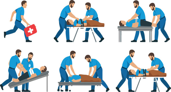Illustration of emergency medical responders providing first aid and performing rescue scenarios representing healthcare, safety, and emergency services vector art