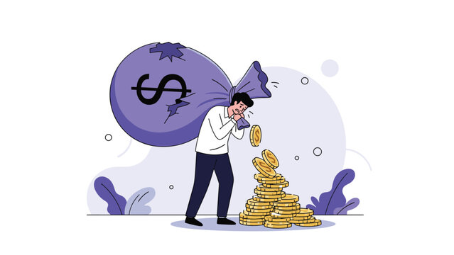 Man struggling to carry a huge leaking sack of money on his back representing financial burden or lost wealth.