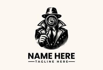 Obraz premium A black and white vector illustration of a man in a suit and hat with a spiral design for a face, holding his tie, against a clean white background with space for a logo and tagline.