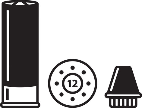 Black and white of a shotgun shell components including a numbered cap and projectile also transparent background