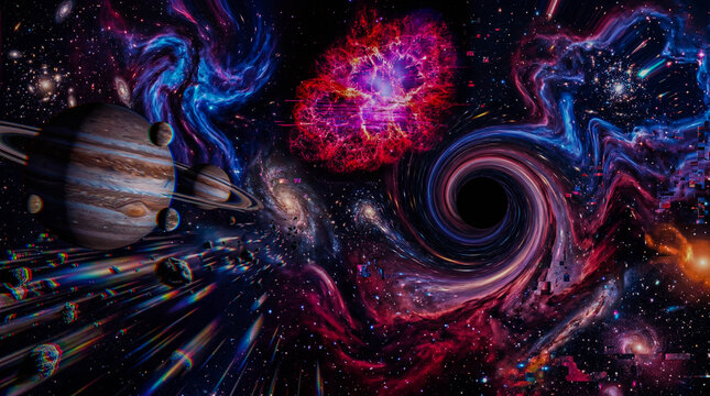 Vibrant cosmos swirls with galaxies and stars. Jupiter floats near a swirling nebula and black hole. Colorful cosmic storms fill the deep space canvas. Perfect for science, fantasy, or cosmic themes