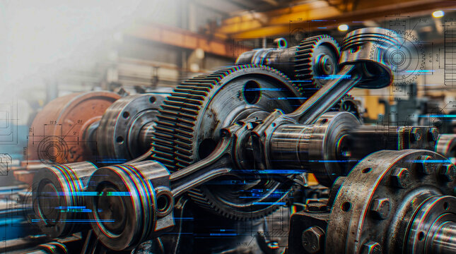 Industrial gears hum within a bustling factory floor. Cranes loom overhead, machinery pulses with motion. Digital overlays pulse with data streams and circuit patterns