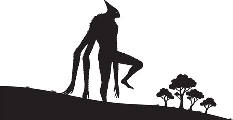 Naklejka premium Black silhouette of a tall spindly creature with multiple arms standing on a grassy hill with trees in the background also transparent background