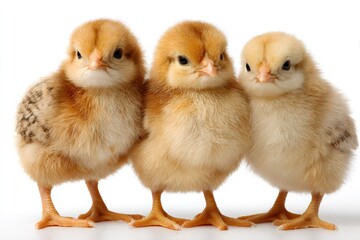 Fototapeta premium Three fluffy newborn chicks standing together
