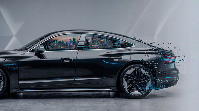 Modern car glows with digital particles. Streamlined silhouette reflects urban skyline. Digital trails animate motion and tech. Stylized wheels and sleek lines dominate. Ideal for tech, automotive