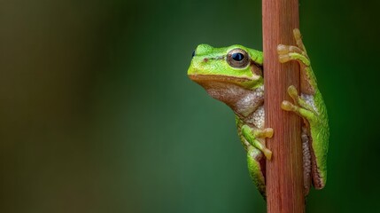 Obraz premium Vibrant green frog clinging to a brown stem against a blurred background