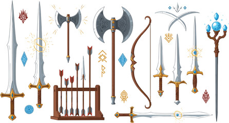 Fantasy medieval weapons collection with swords, battle axes, magic staff, bow and arrows, enchanted blades and legendary warrior gear vector illustration set © AdhinChandra