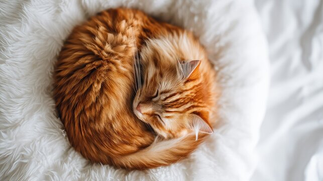 Orange tabby cat curled up sleeping on a fluffy white blanket