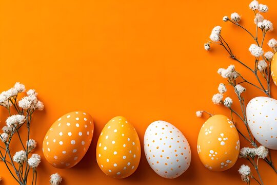 A cheerful easter flat lay with vibrant yellow and white polka dot eggs arranged with delicate white flowers on a bright orange background for a festi