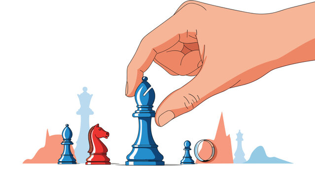 Human hand strategically moving a blue bishop chess piece on a board during a competitive game of skill and tactics.
