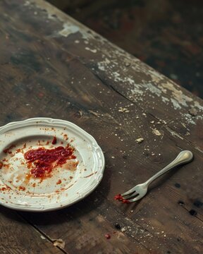Empty plate with leftover sauce and a fork on a rustic wooden table.