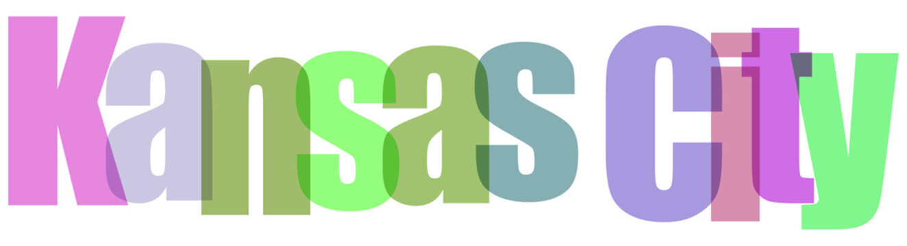 Colorful overlapping text design spelling 'Kansas City' with pastel shades of pink, green, and purple on a white background, creating a modern graphic element for various design projects.