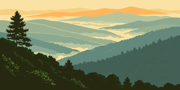USA, US, U.S, United States - Shenandoah National Park Sunrise &ndash; Blue Ridge Mountains, Foggy Layered Forests, and Scenic Appalachian Panorama in the United States