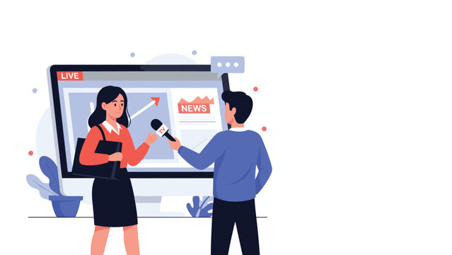 News anchor giving a live report in front of a giant monitor showing news statistics with a man listening nearby.