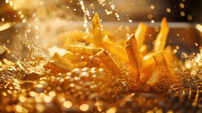 Golden French Fries Frying in Hot Oil with Splashes and Bubbles.
