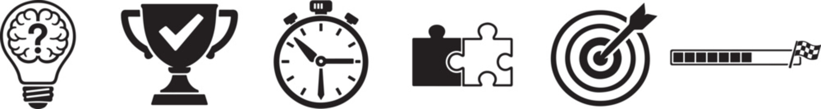 Quiz time game icon set with question marks, trivia symbols, challenge elements and fun knowledge icons.