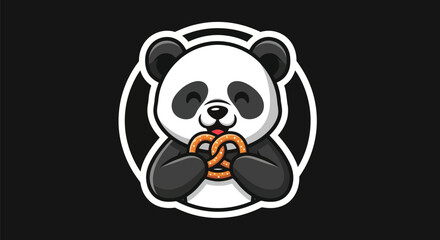 Cartoon panda enjoying pretzel snack © Corneto