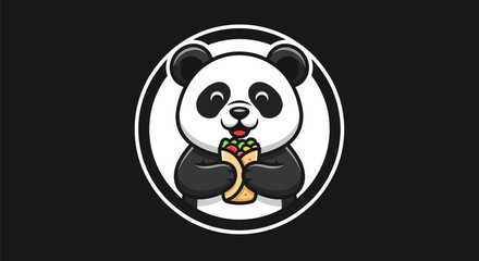 Cartoon panda holding food black background © Corneto