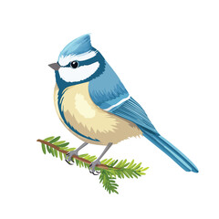 Cartoon bird illustration blue tit perched on green branch isolated design © ciya