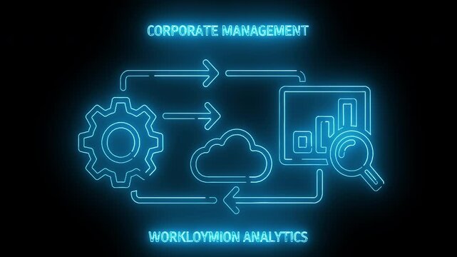 Neon-lit diagram illustrating corporate management and workload analytics with interconnected icons on a black background.