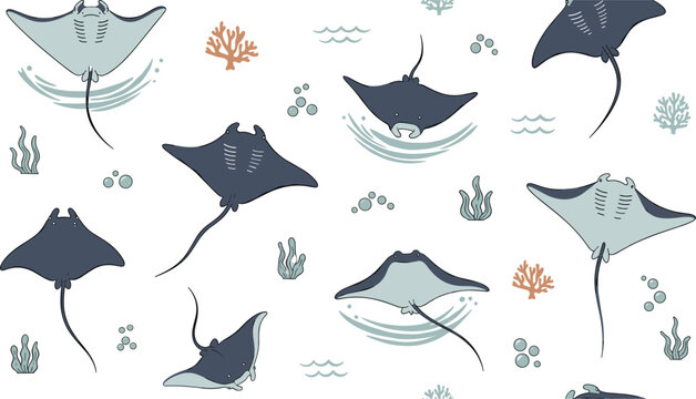 Stingray Seamless Pattern Vector Illustration with Ocean Rays, Coral, Seaweed, Bubbles and Underwater Marine Life Background