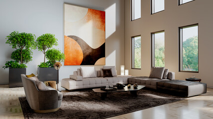 Fototapeta premium Large luxury modern bright interiors Living room mockup illustration 3D rendering Generated Color Image