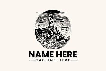 Fototapeta premium A black and white vector illustration of a lighthouse on a rocky coastline with waves, set against a circular background with a sun or moon, featuring a placeholder logo with 'NAME HERE'
