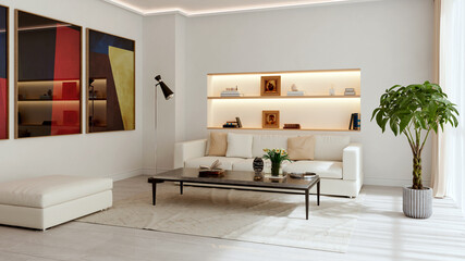 Naklejka premium Large luxury modern bright interiors Living room mockup illustration 3D rendering Generated Color Image