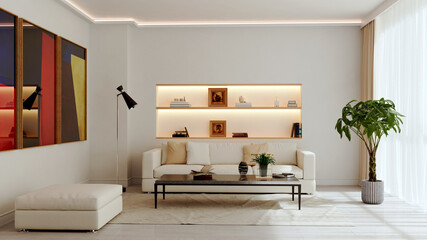 Naklejka premium Large luxury modern bright interiors Living room mockup illustration 3D rendering Generated Color Image