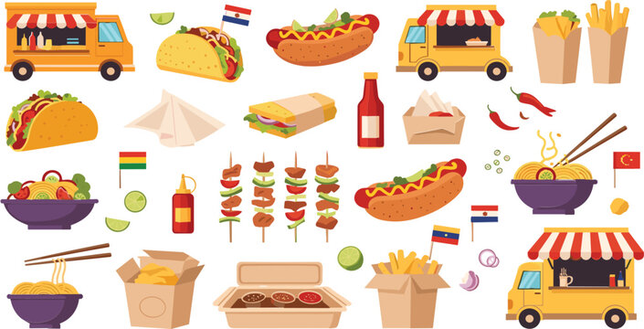 Street food collection with tacos hot dogs noodles fries skewers and food trucks cartoon vector illustration set
