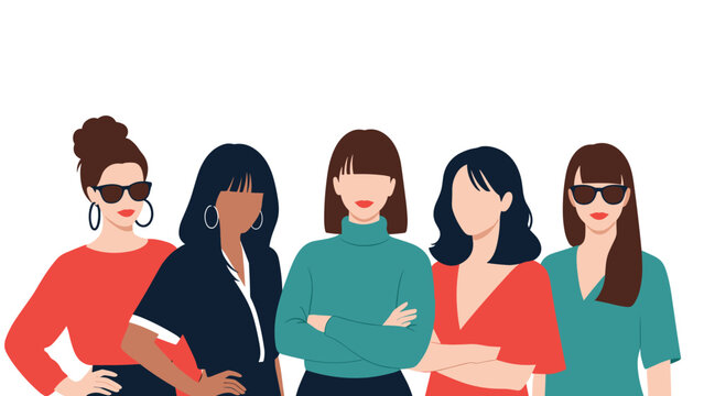 Diverse group of five stylish and empowered women standing together in a row representing international unity and female strength.