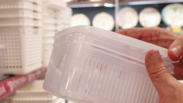 Hands holding plastic food storage container closeup. Consumer decision and household shopping concept, choosing reusable containers for organized storage of food and household items.