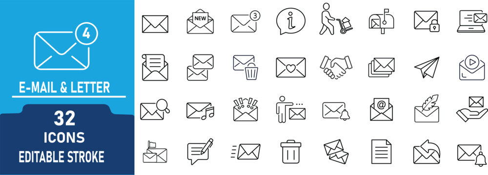 Email and Letter Line Icon Set.Contain to related icons  Mail Message, Inbox, Notification, Envelope and Communication Icons, Editable Stroke Vector