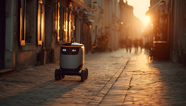 A futuristic delivery robot travels down a cobblestone street in a European town at sunset, suggesting innovation, automation, and the future of logistics in a vintage setting and sunlight