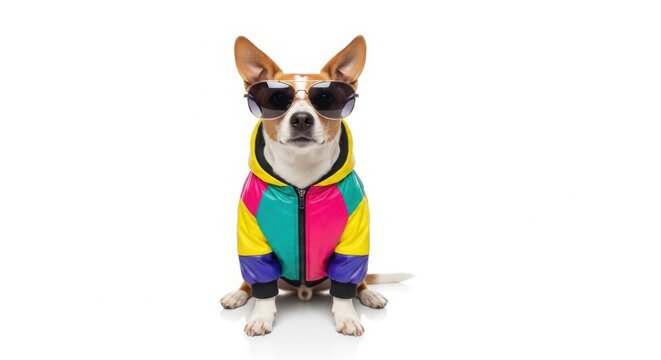 Funny small dog wearing a colorful retro 1980s windbreaker jacket and sunglasses isolated on White Background